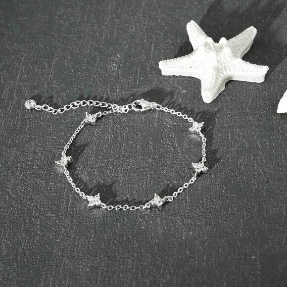 Sterling Silver Round Clover Link Chain Ring Bracelet Hand Chain for Women - Picture 5 of 7